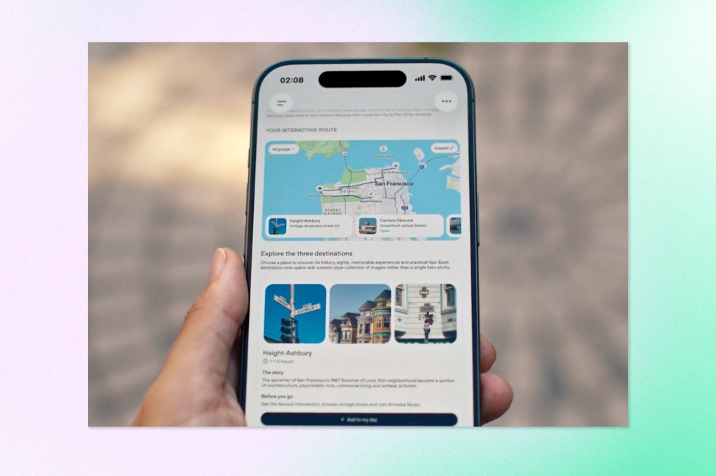Close-up of a smartphone displaying an interactive ChatGPT travel itinerary for San Francisco, featuring a route map, destination recommendations, and images of local attractions.