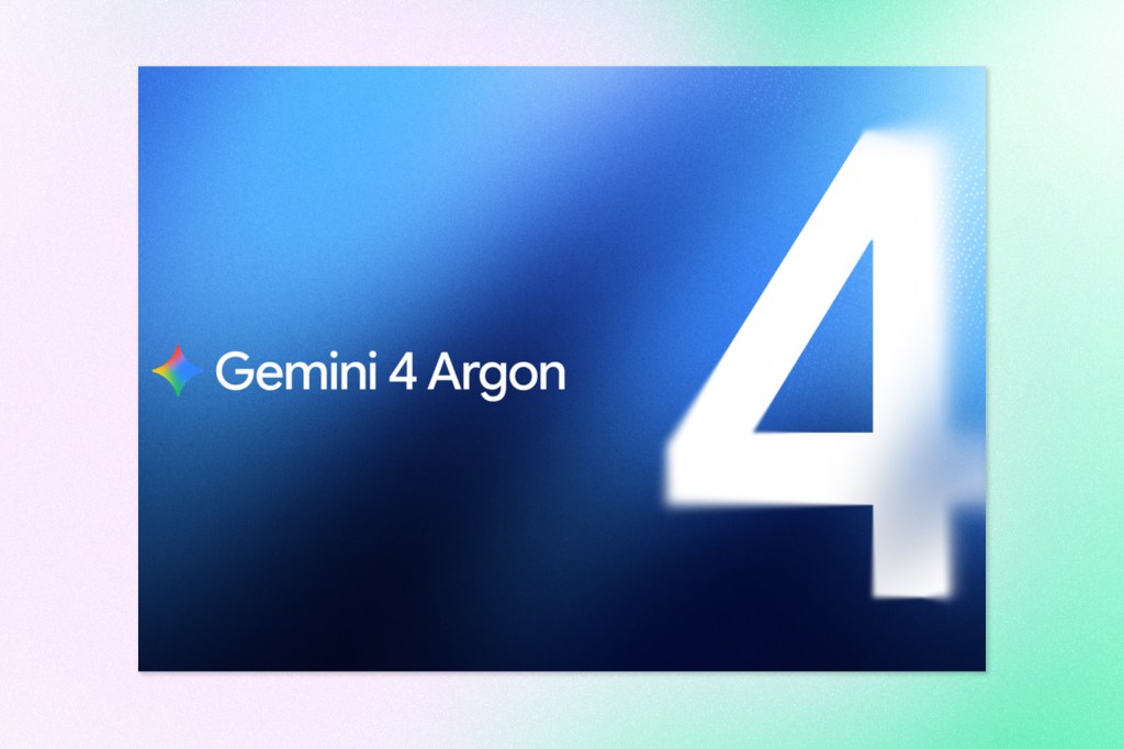Google Gemini 4 Argon promotional graphic featuring the Gemini logo and model name alongside a large white number four on a blue gradient background.
