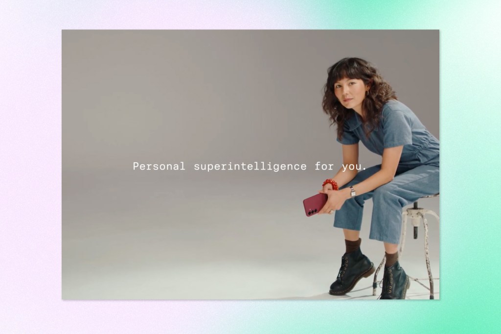 Promotional image featuring a woman seated on a stool holding a smartphone, with the text “Personal superintelligence for you” against a neutral grey background.