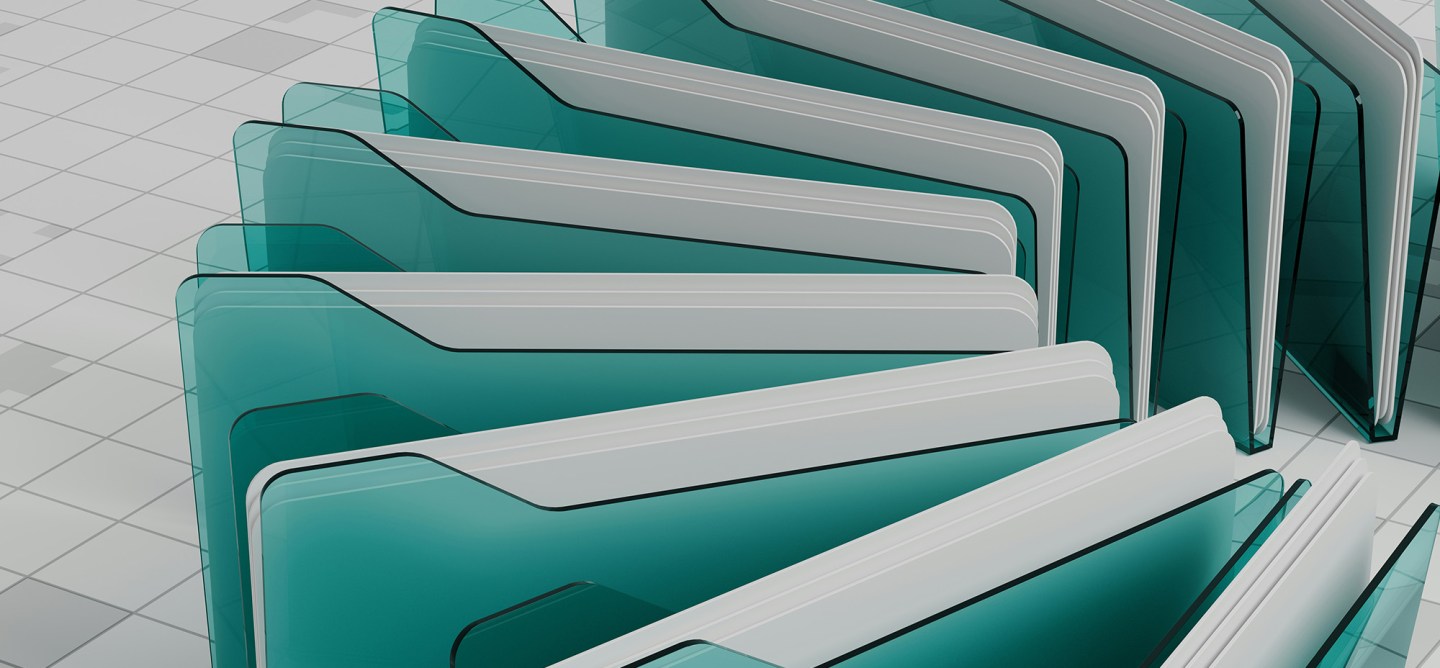 Abstract 3D illustration of overlapping teal and white digital folders arranged in rows.