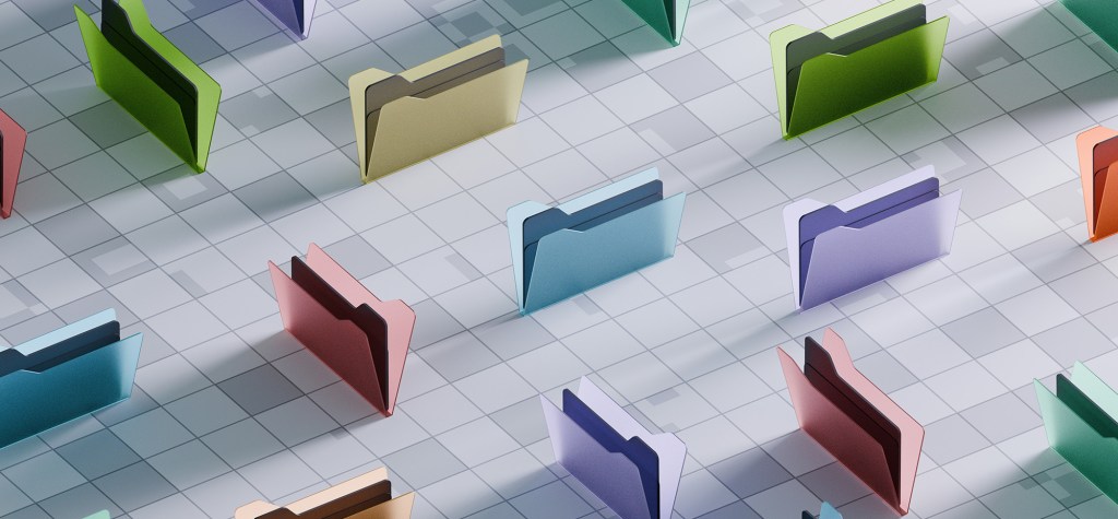 Colourful 3D file folders arranged across a grid, representing digital content organization and migration.