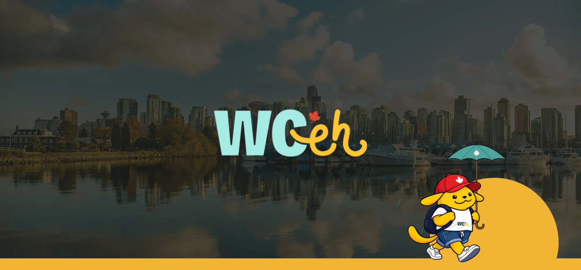 WordCamp Canada 2026 promotional banner featuring the Vancouver skyline and waterfront, WCCeh event logo, and a cartoon mascot holding an umbrella with a Canadian maple leaf.