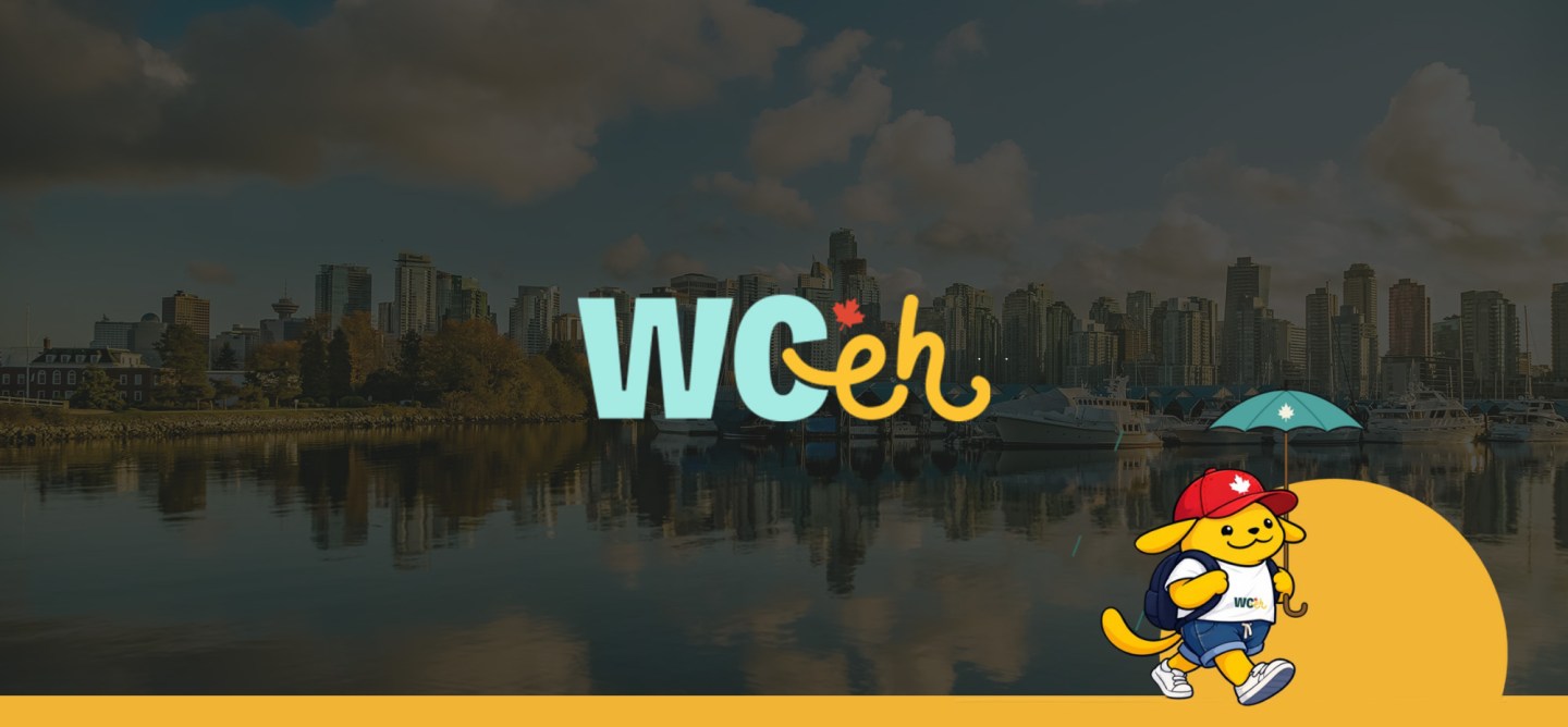 WordCamp Canada 2026 promotional banner featuring the Vancouver skyline and waterfront, WCCeh event logo, and a cartoon mascot holding an umbrella with a Canadian maple leaf.
